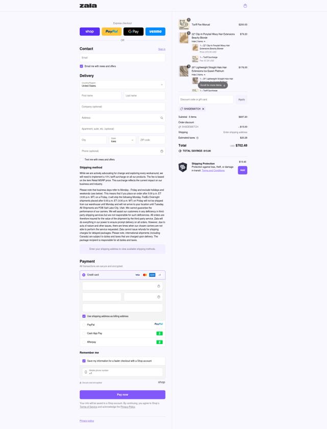 Zala Hair checkout page showing Zala Hair discount code box | Screenshot taken by SimplyCodes community member on Sep 12, 2025