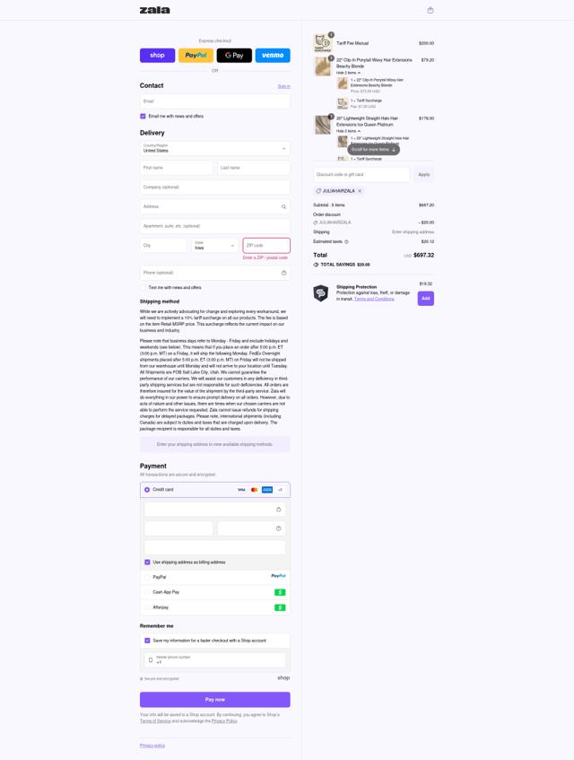 Zala Hair checkout page showing Zala Hair discount code box | Screenshot taken by SimplyCodes community member on Sep 12, 2025