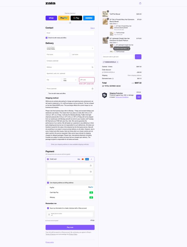Zala Hair checkout page showing Zala Hair discount code box | Screenshot taken by SimplyCodes community member on Sep 12, 2025