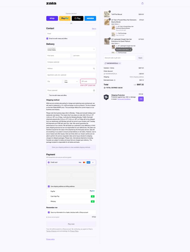 Zala Hair checkout page showing Zala Hair discount code box | Screenshot taken by SimplyCodes community member on Sep 12, 2025