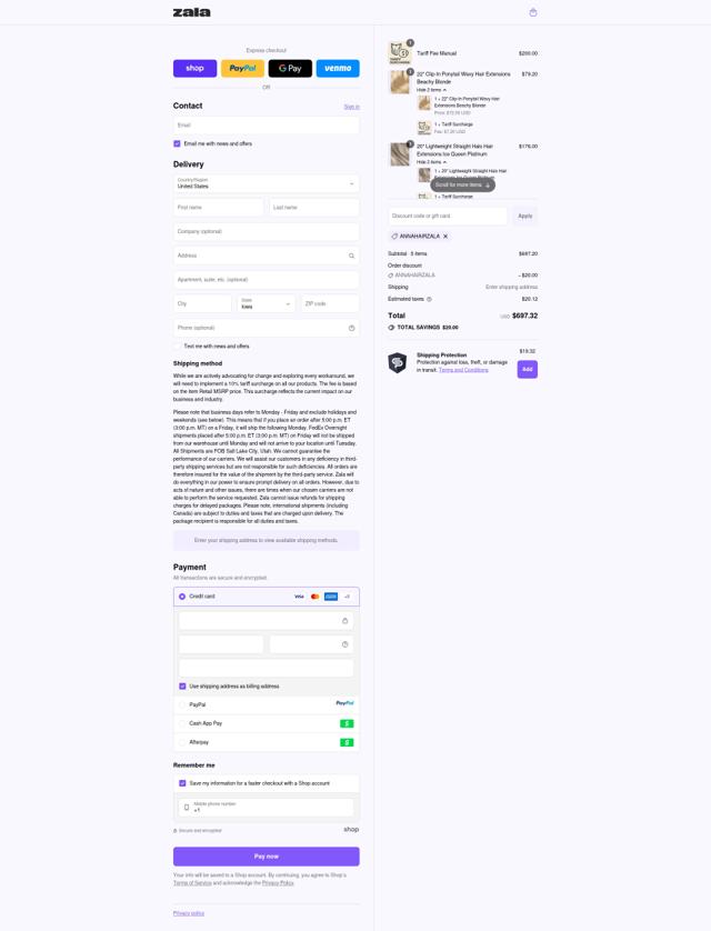 Zala Hair checkout page showing Zala Hair discount code box | Screenshot taken by SimplyCodes community member on Sep 12, 2025
