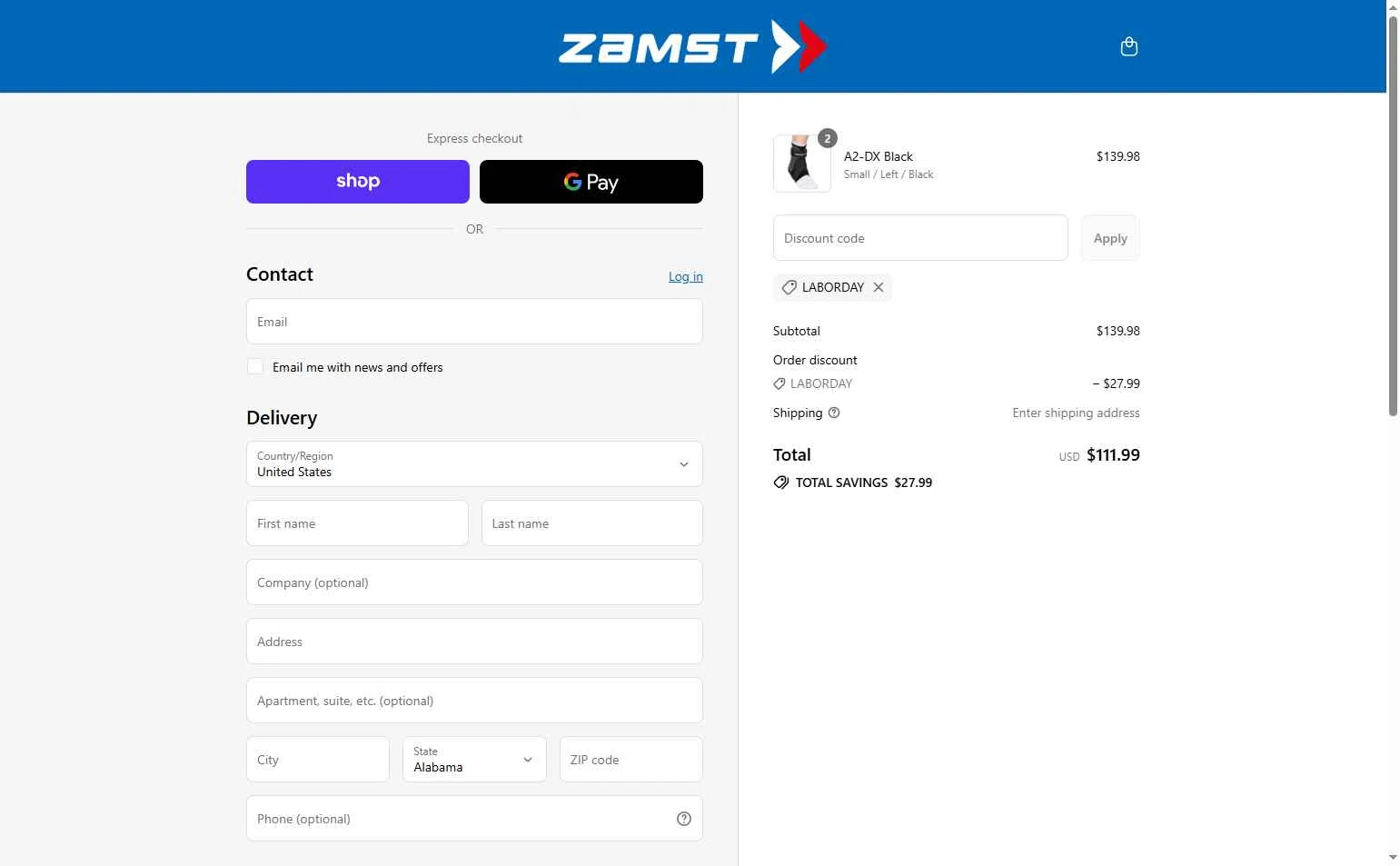 Zamst checkout page showing Zamst discount code box | Screenshot taken by SimplyCodes community member on Aug 29, 2025