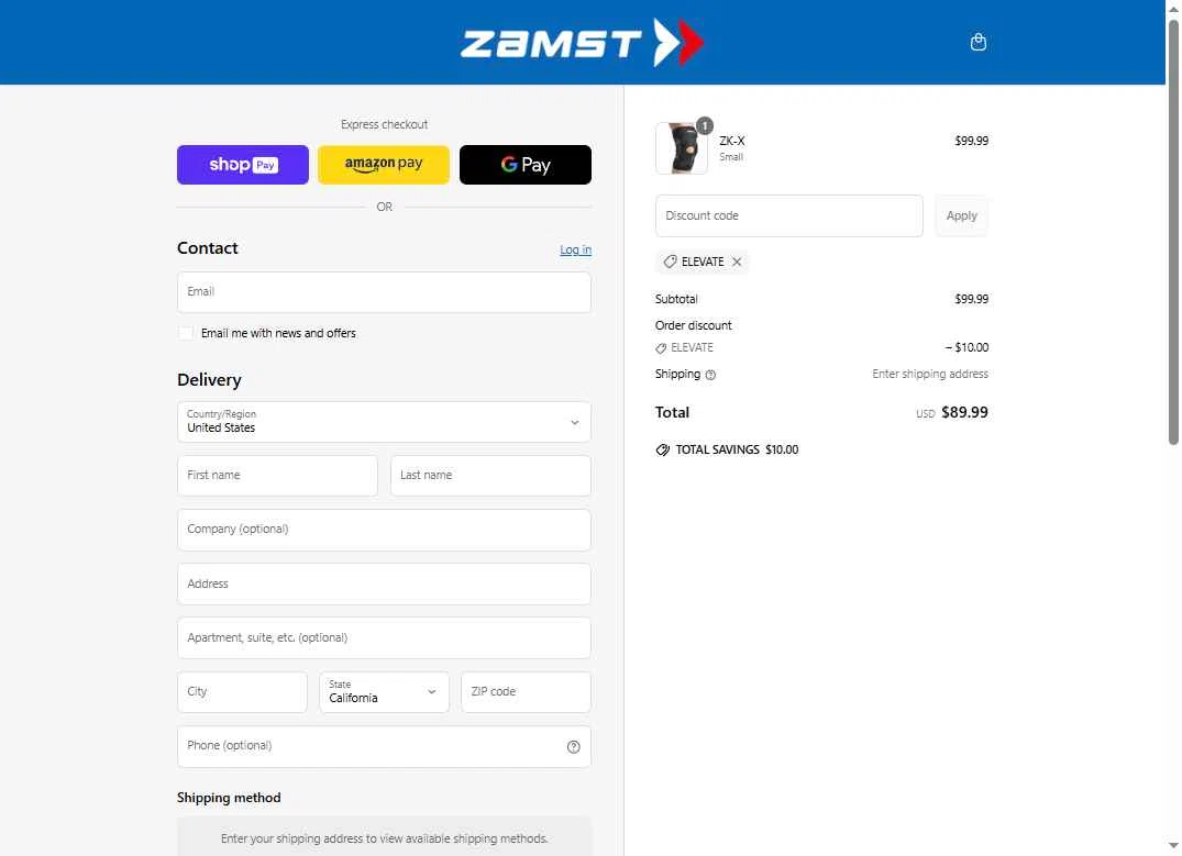 Zamst checkout page showing Zamst discount code box | Screenshot taken by SimplyCodes community member on Jun 26, 2025