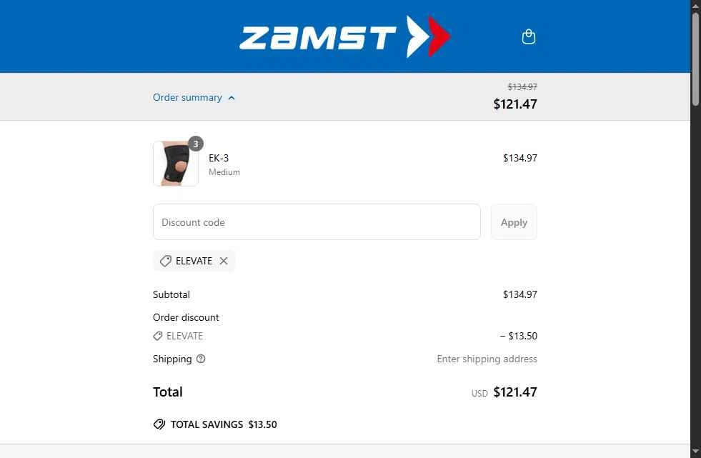 Zamst checkout page showing Zamst discount code box | Screenshot taken by SimplyCodes community member on Jun 26, 2025