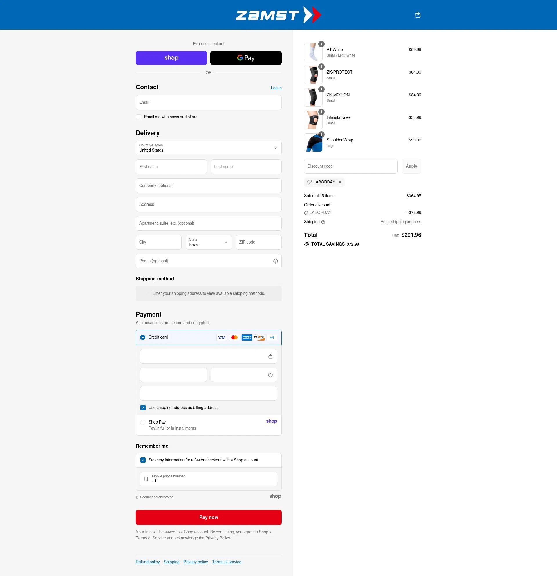 Zamst checkout page showing Zamst discount code box | Screenshot taken by SimplyCodes community member on Sep 3, 2025
