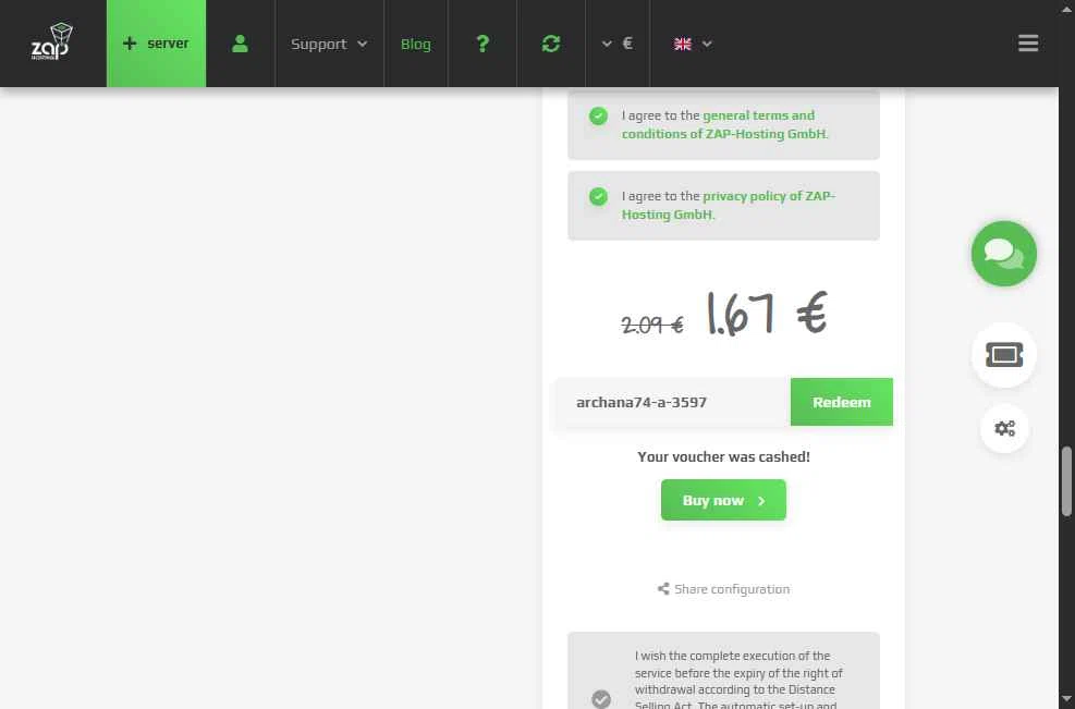 ZAP-Hosting checkout page showing ZAP-Hosting promo code box | Screenshot taken by SimplyCodes community member on Jun 5, 2025