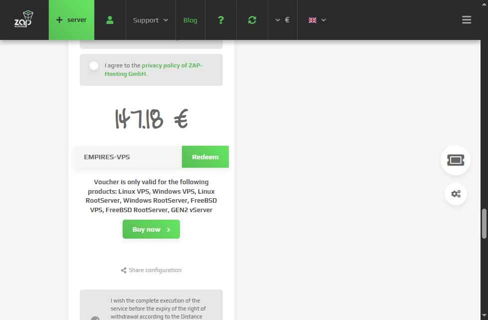 ZAP-Hosting checkout page showing ZAP-Hosting promo code box | Screenshot taken by SimplyCodes community member on Aug 5, 2025