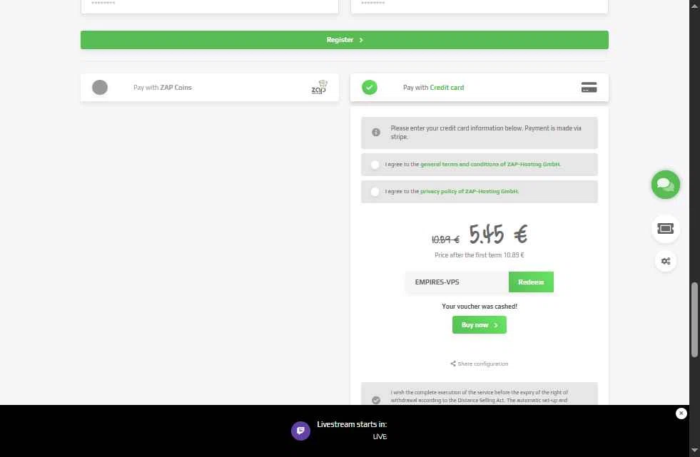 ZAP-Hosting checkout page showing ZAP-Hosting promo code box | Screenshot taken by SimplyCodes community member on Jun 25, 2025