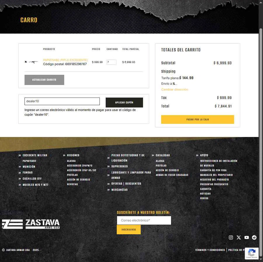 Zastava Arms USA checkout page showing Zastava Arms USA promo code box | Screenshot taken by SimplyCodes community member on Oct 9, 2025