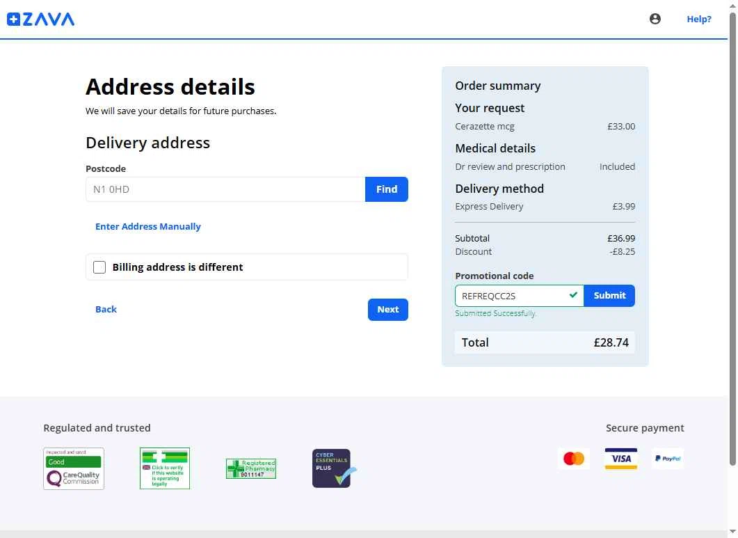 Zava checkout page showing Zava discount code box | Screenshot taken by SimplyCodes community member on Sep 26, 2025