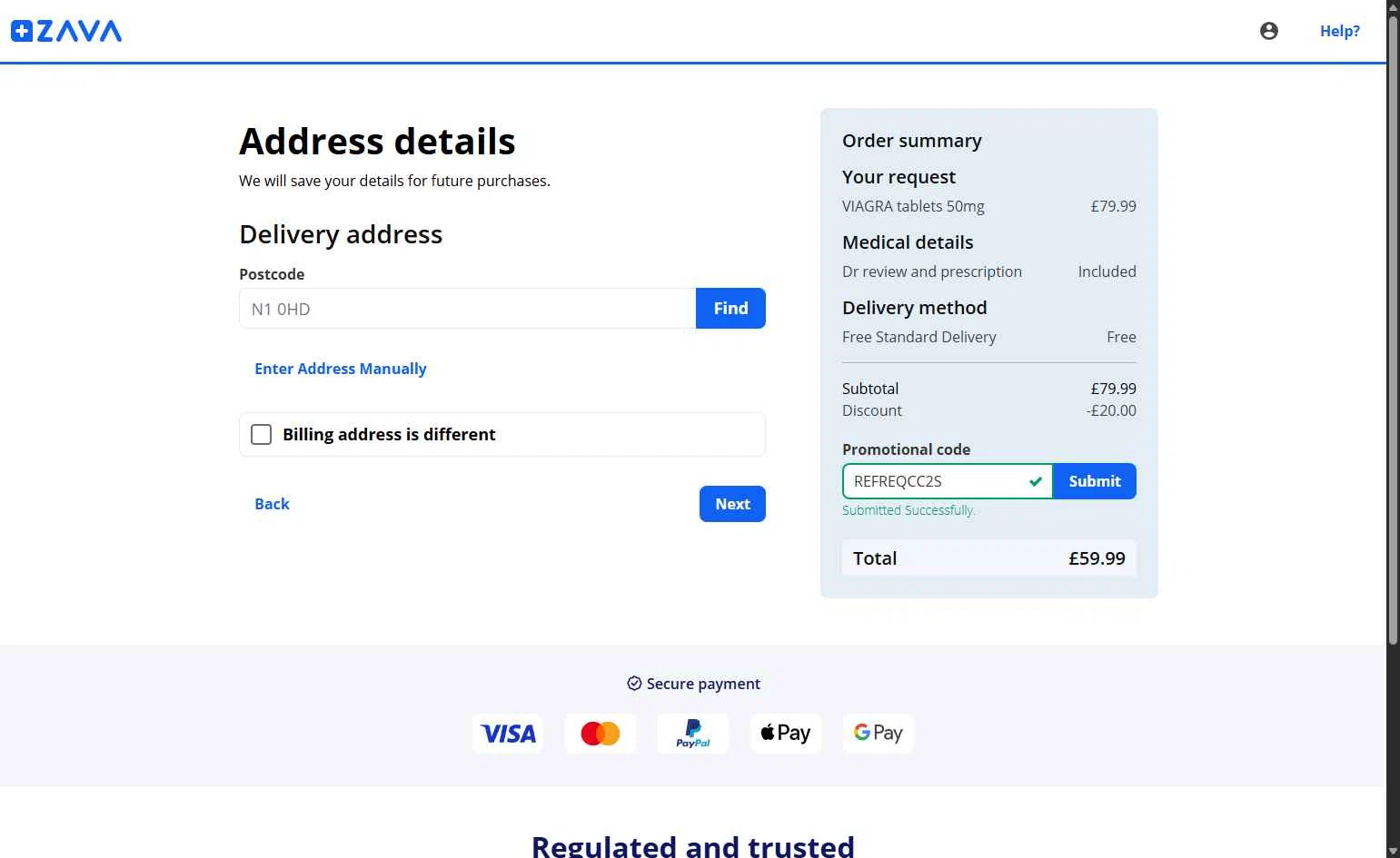 Zava checkout page showing Zava discount code box | Screenshot taken by SimplyCodes community member on Jan 2, 2026