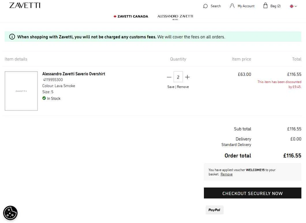 Zavetti checkout page showing Zavetti discount code box | Screenshot taken by SimplyCodes community member on Nov 4, 2025