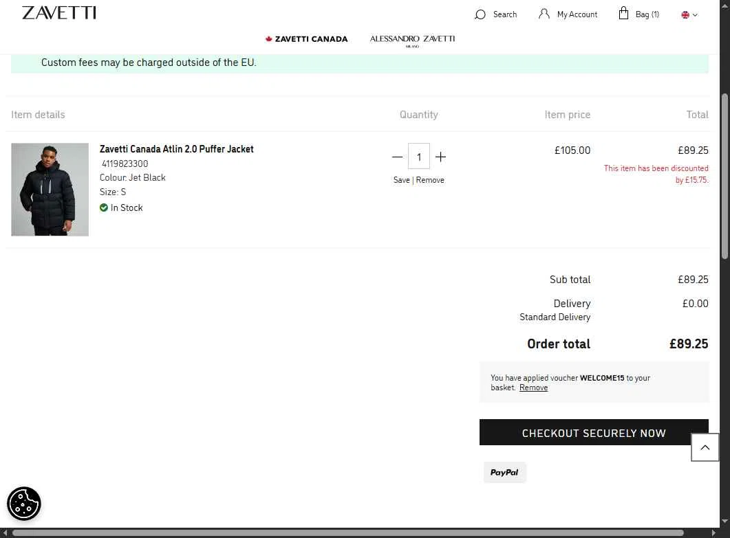Zavetti checkout page showing Zavetti discount code box | Screenshot taken by SimplyCodes community member on Jan 1, 2026