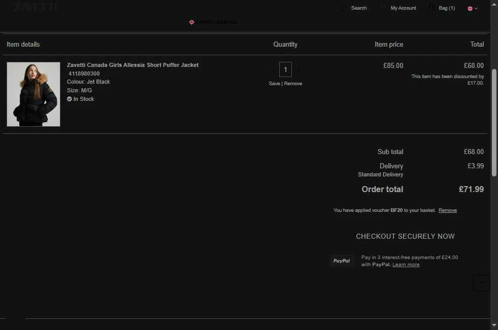 Zavetti checkout page showing Zavetti discount code box | Screenshot taken by SimplyCodes community member on Nov 13, 2025