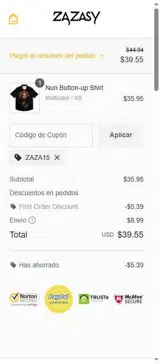 ZAZA15 coupon verification screenshot