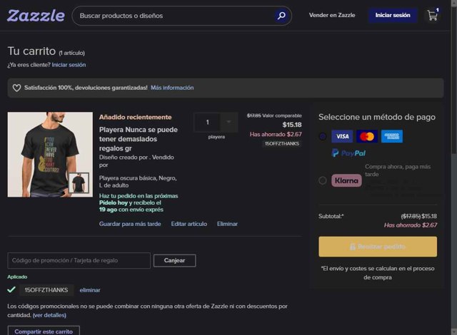 Zazzle checkout page showing Zazzle promo code box | Screenshot taken by SimplyCodes community member on Aug 15, 2025
