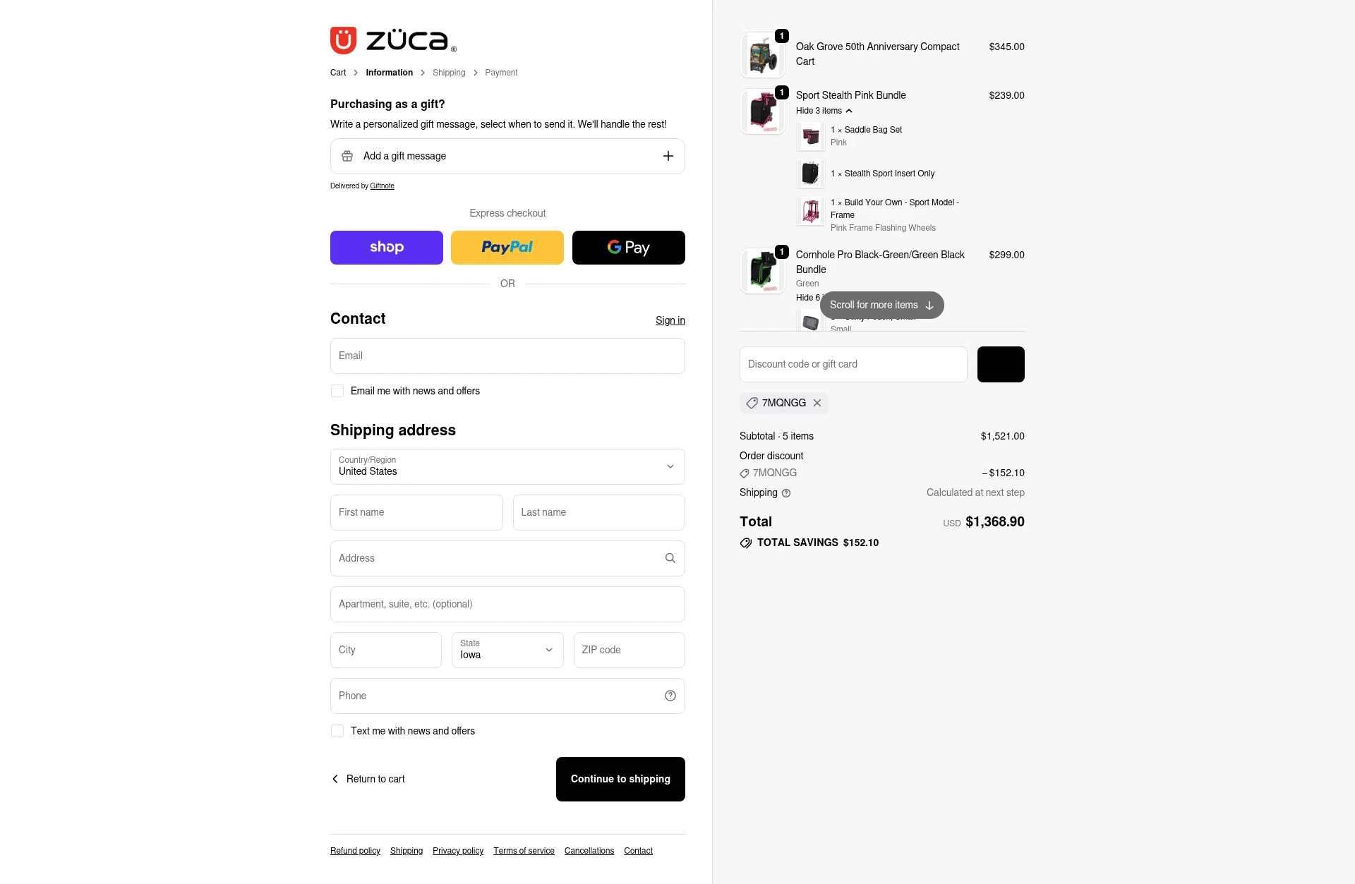ZÜCA checkout page showing ZÜCA promo code box | Screenshot taken by SimplyCodes community member on Jan 16, 2026