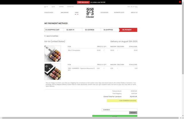 zChocolat checkout page showing zChocolat coupon code box | Screenshot taken by SimplyCodes community member on Aug 8, 2025