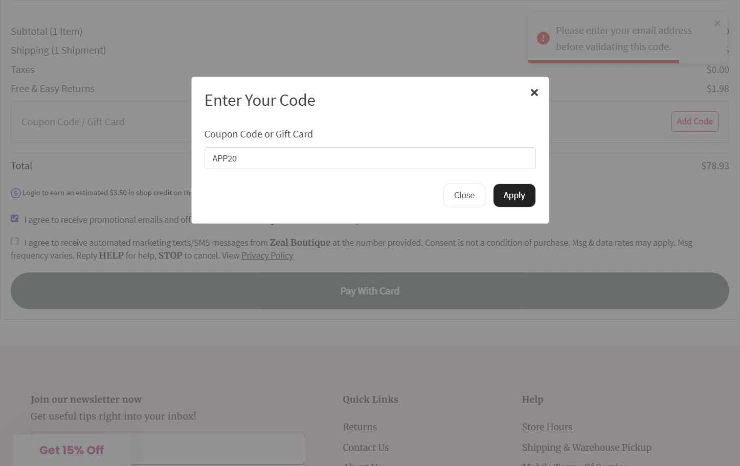 Zeal Boutique checkout page showing Zeal Boutique coupon code box | Screenshot taken by SimplyCodes community member on Jan 23, 2026