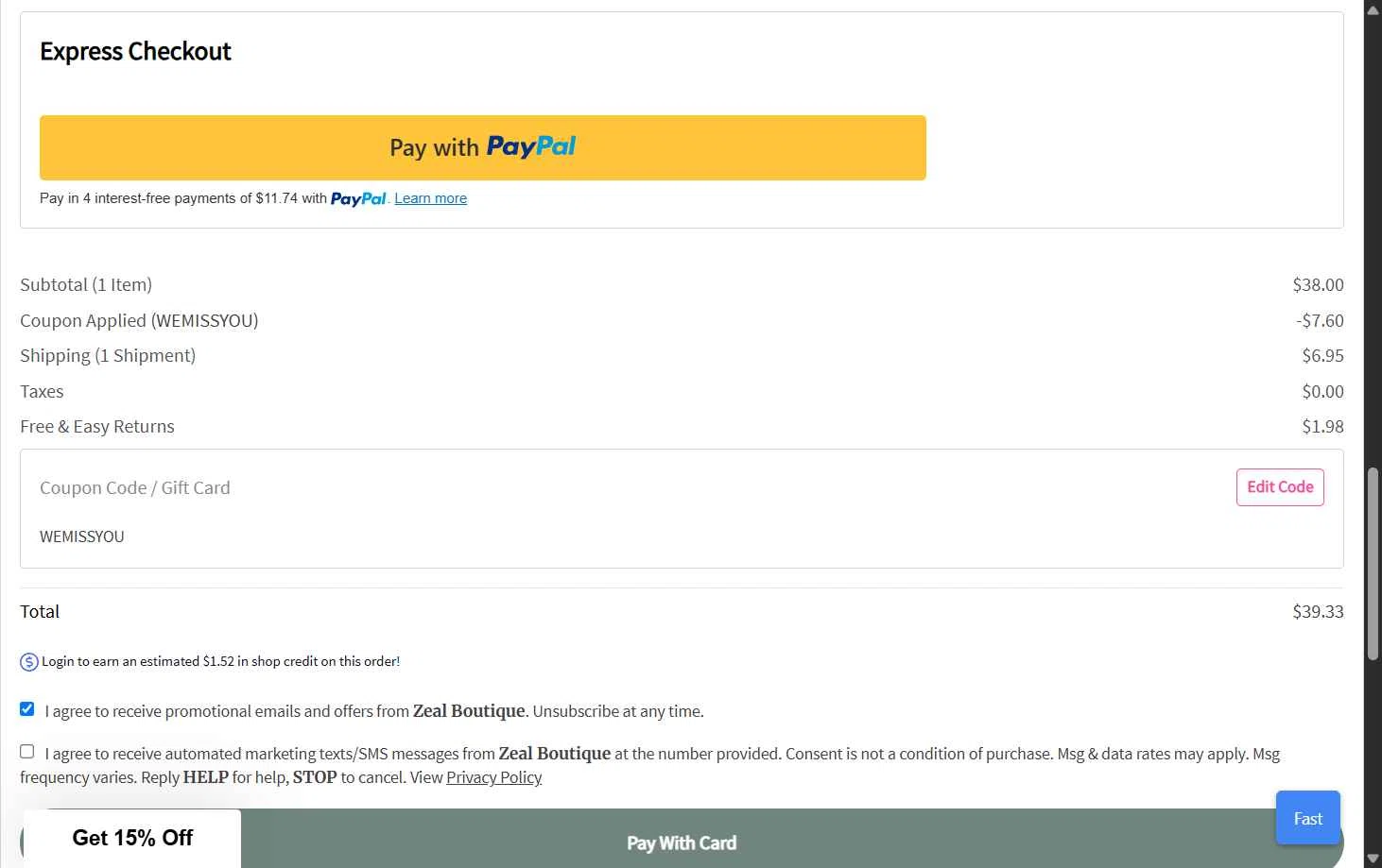 Zeal Boutique checkout page showing Zeal Boutique coupon code box | Screenshot taken by SimplyCodes community member on Aug 30, 2025