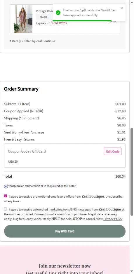 Zeal Boutique checkout page showing Zeal Boutique coupon code box | Screenshot taken by SimplyCodes community member on Aug 19, 2025