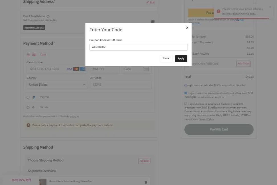 Zeal Boutique checkout page showing Zeal Boutique coupon code box | Screenshot taken by SimplyCodes community member on Sep 28, 2025