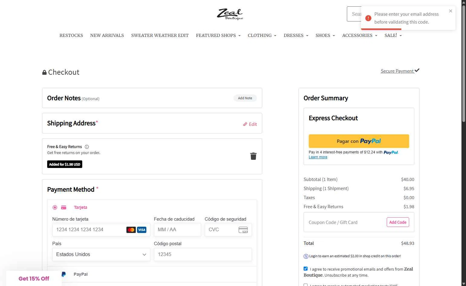 Zeal Boutique checkout page showing Zeal Boutique coupon code box | Screenshot taken by SimplyCodes community member on Oct 27, 2025