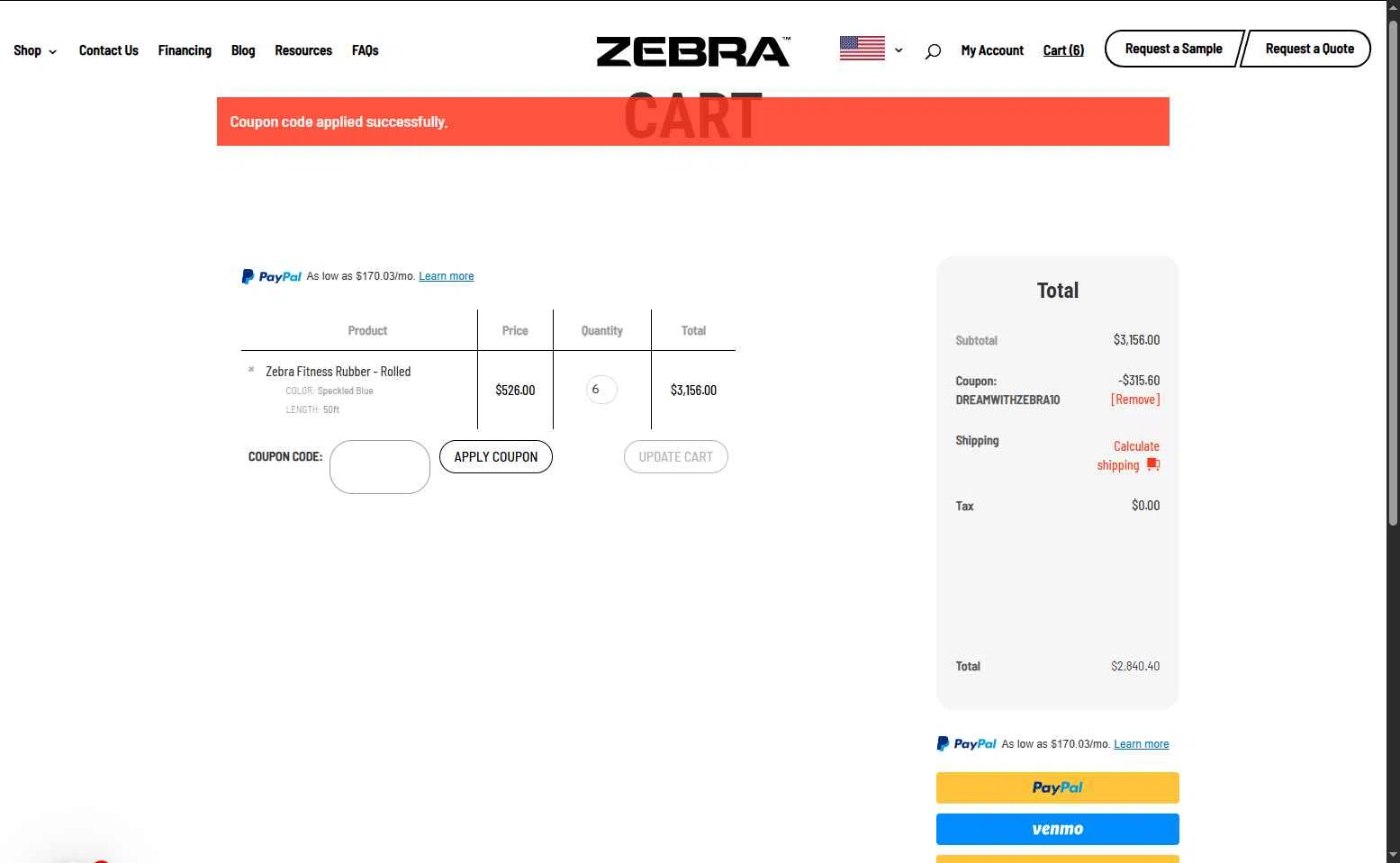 Zebra Athletics checkout page showing Zebra Athletics coupon code box | Screenshot taken by SimplyCodes community member on Jul 15, 2025