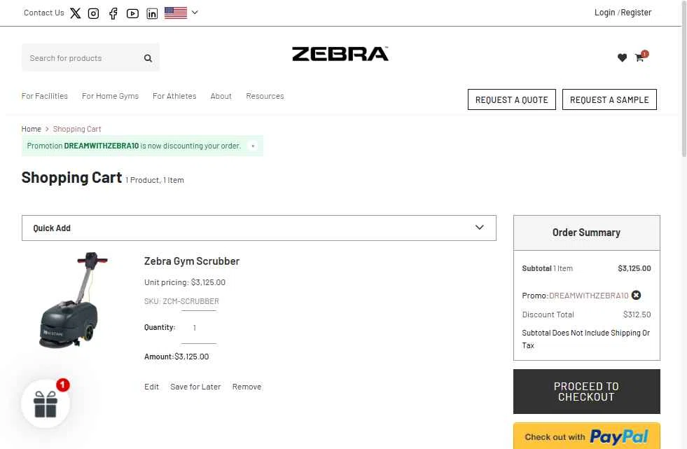 Zebra Athletics checkout page showing Zebra Athletics coupon code box | Screenshot taken by SimplyCodes community member on Nov 8, 2025