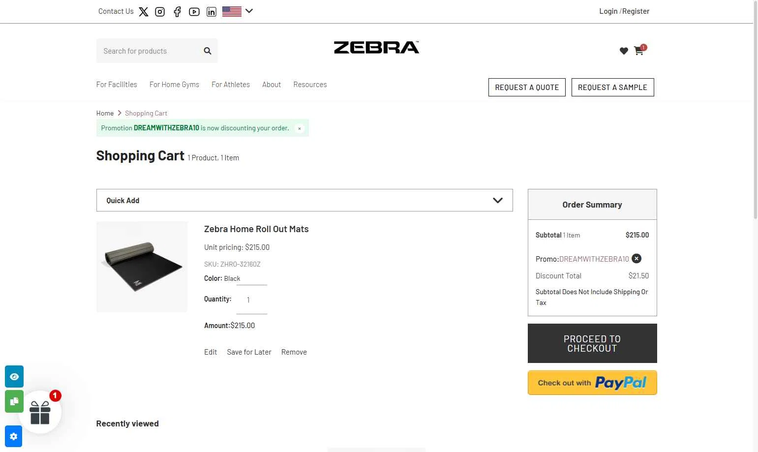 Zebra Athletics checkout page showing Zebra Athletics coupon code box | Screenshot taken by SimplyCodes community member on Oct 10, 2025