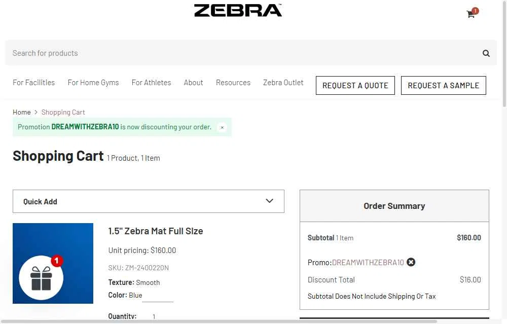 Zebra Athletics checkout page showing Zebra Athletics coupon code box | Screenshot taken by SimplyCodes community member on Dec 7, 2025