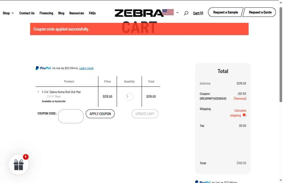 Zebra Athletics checkout page showing Zebra Athletics coupon code box | Screenshot taken by SimplyCodes community member on Jul 15, 2025