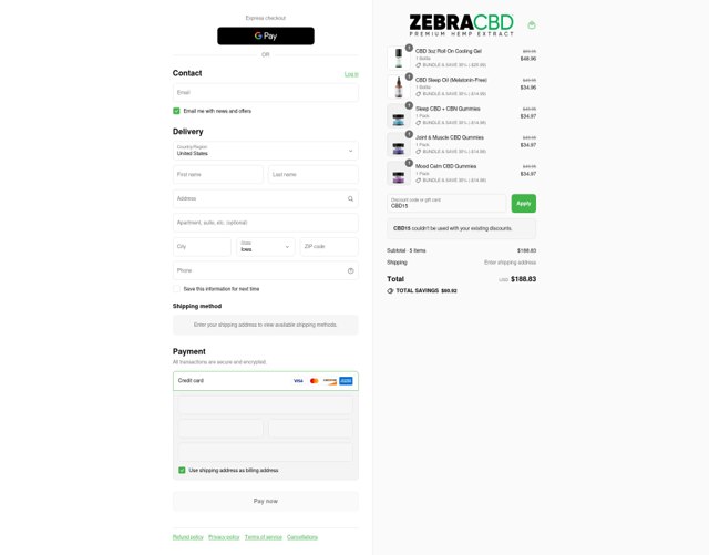 ZebraCBD checkout page showing ZebraCBD promo code box | Screenshot taken by SimplyCodes community member on Sep 8, 2025