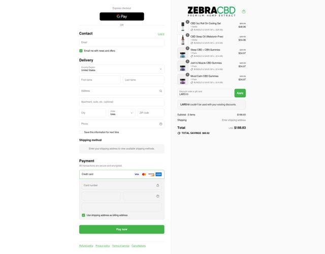 ZebraCBD checkout page showing ZebraCBD promo code box | Screenshot taken by SimplyCodes community member on Sep 8, 2025
