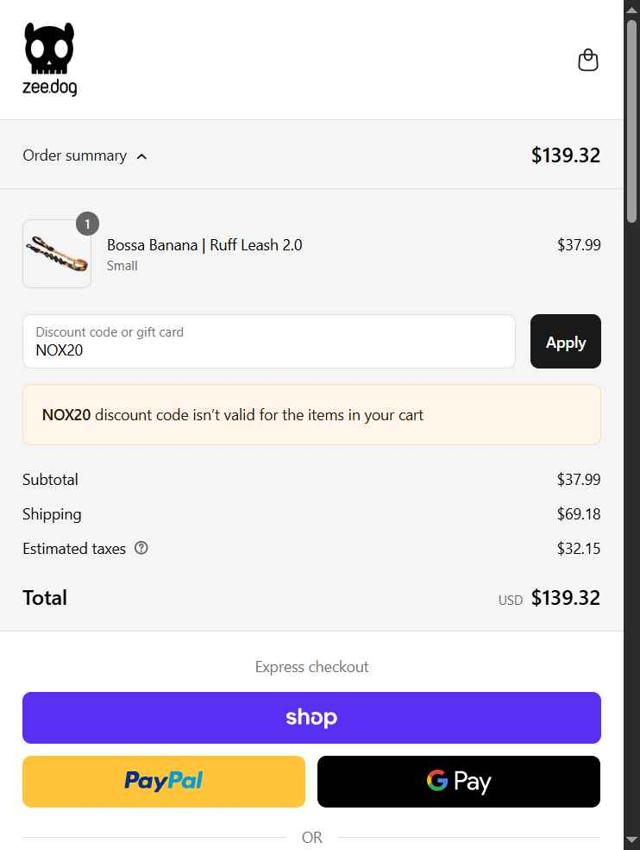 Zee Dog checkout page showing Zee Dog discount code box | Screenshot taken by SimplyCodes community member on Sep 2, 2025