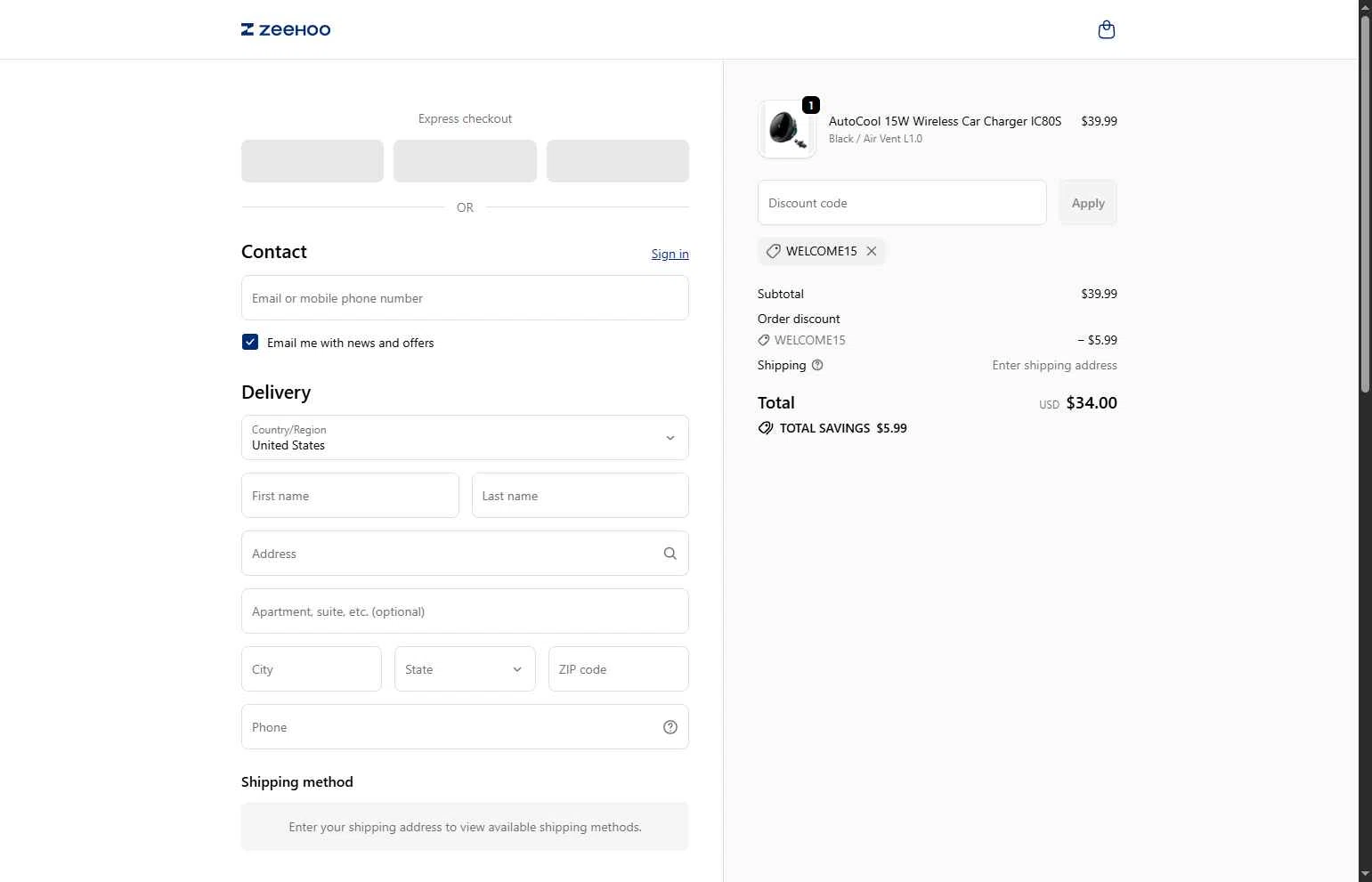 ZEEHOO checkout page showing ZEEHOO promo code box | Screenshot taken by SimplyCodes community member on Jan 29, 2026