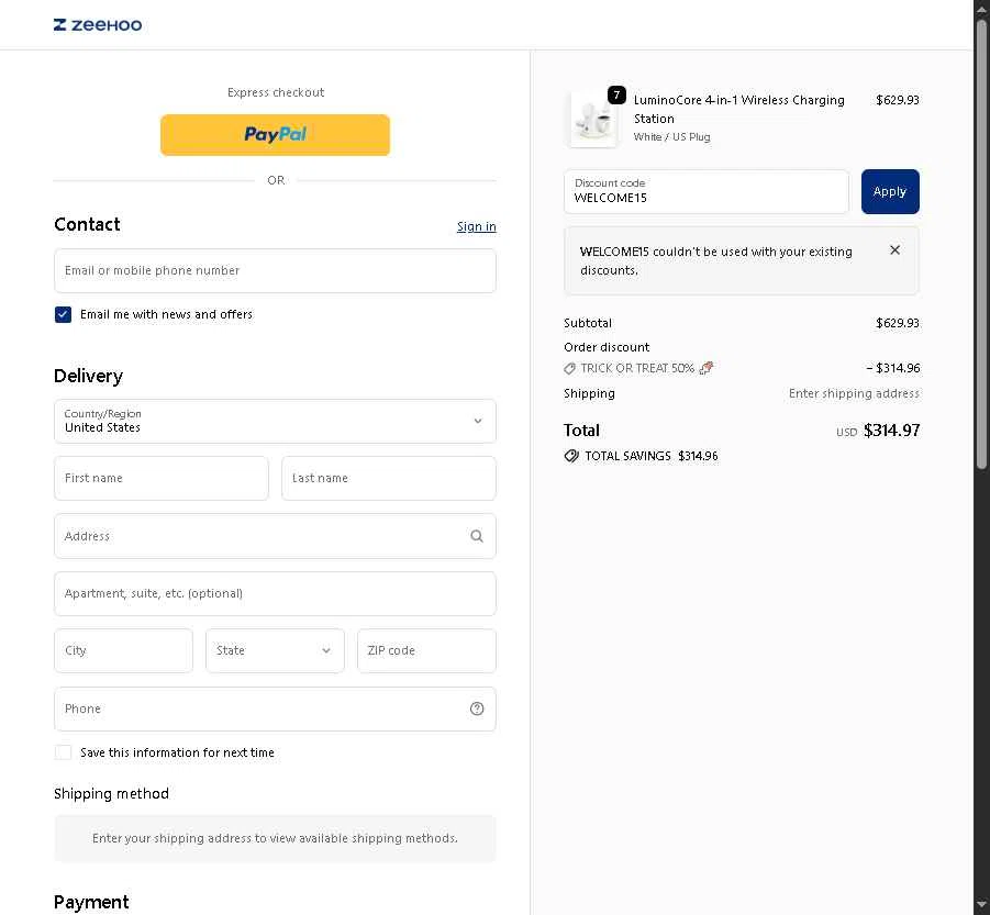 ZEEHOO checkout page showing ZEEHOO promo code box | Screenshot taken by SimplyCodes community member on Nov 3, 2025