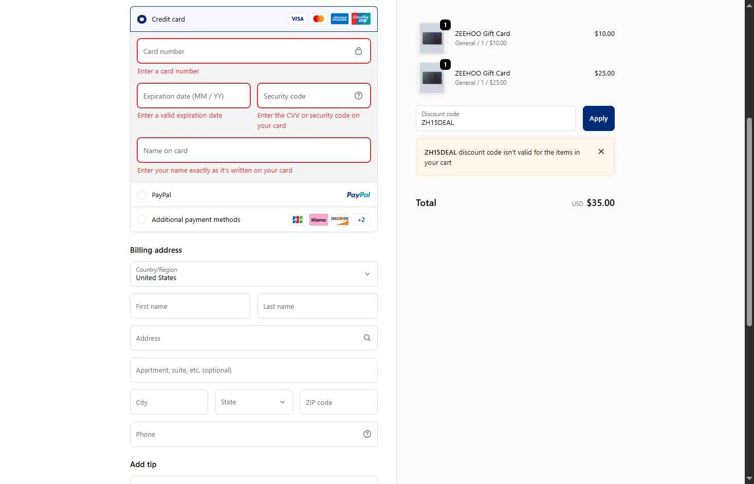 ZEEHOO checkout page showing ZEEHOO promo code box | Screenshot taken by SimplyCodes community member on Dec 5, 2025
