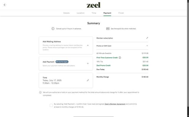 Zeel checkout page showing Zeel promo code box | Screenshot taken by SimplyCodes community member on Jul 17, 2025