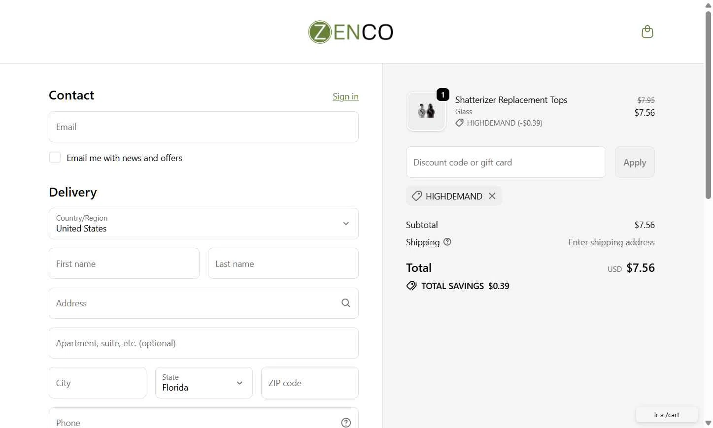 Zenco USA checkout page showing Zenco USA promo code box | Screenshot taken by SimplyCodes community member on Feb 5, 2026