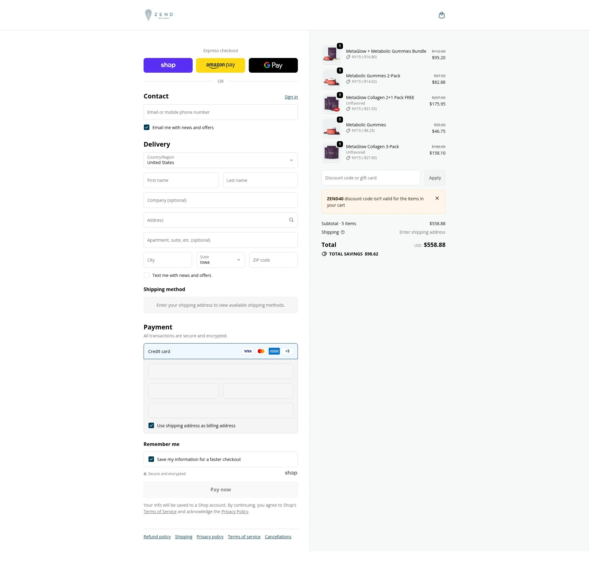 Zend Coffee checkout page showing Zend Coffee promo code box | Screenshot taken by SimplyCodes community member on Dec 29, 2025