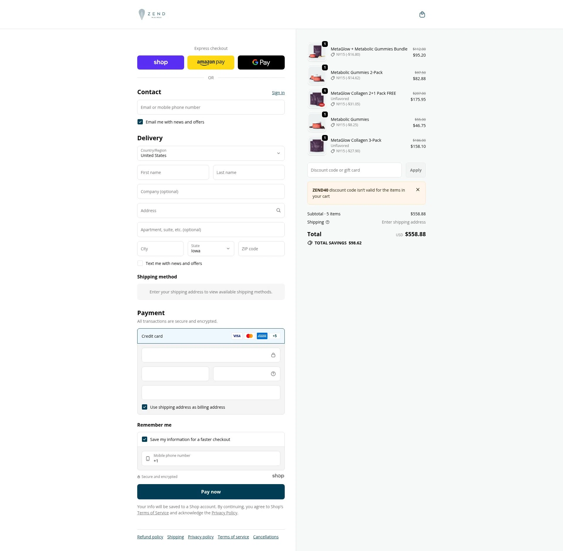Zend Coffee checkout page showing Zend Coffee promo code box | Screenshot taken by SimplyCodes community member on Jan 3, 2026