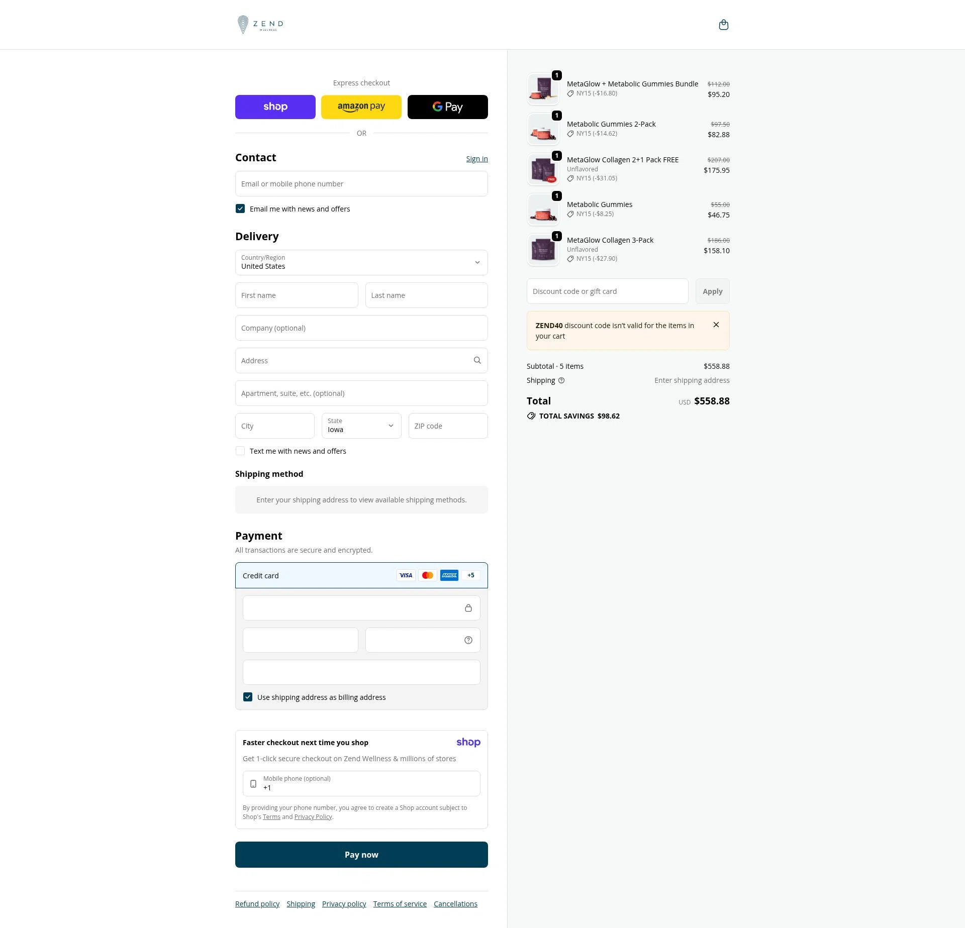 Zend Coffee checkout page showing Zend Coffee promo code box | Screenshot taken by SimplyCodes community member on Jan 8, 2026