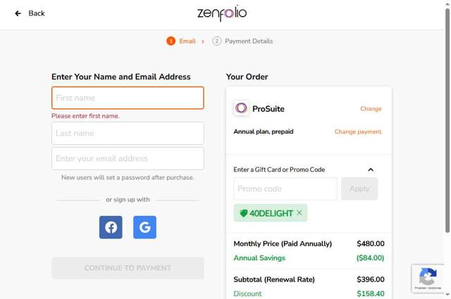 Zenfolio checkout page showing Zenfolio coupon code box | Screenshot taken by SimplyCodes community member on May 19, 2025