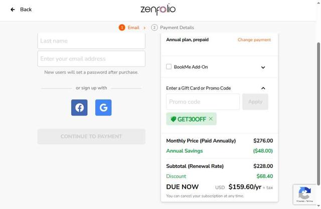 Zenfolio checkout page showing Zenfolio coupon code box | Screenshot taken by SimplyCodes community member on Jul 16, 2025