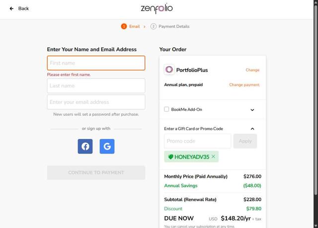 Zenfolio checkout page showing Zenfolio coupon code box | Screenshot taken by SimplyCodes community member on Jul 16, 2025