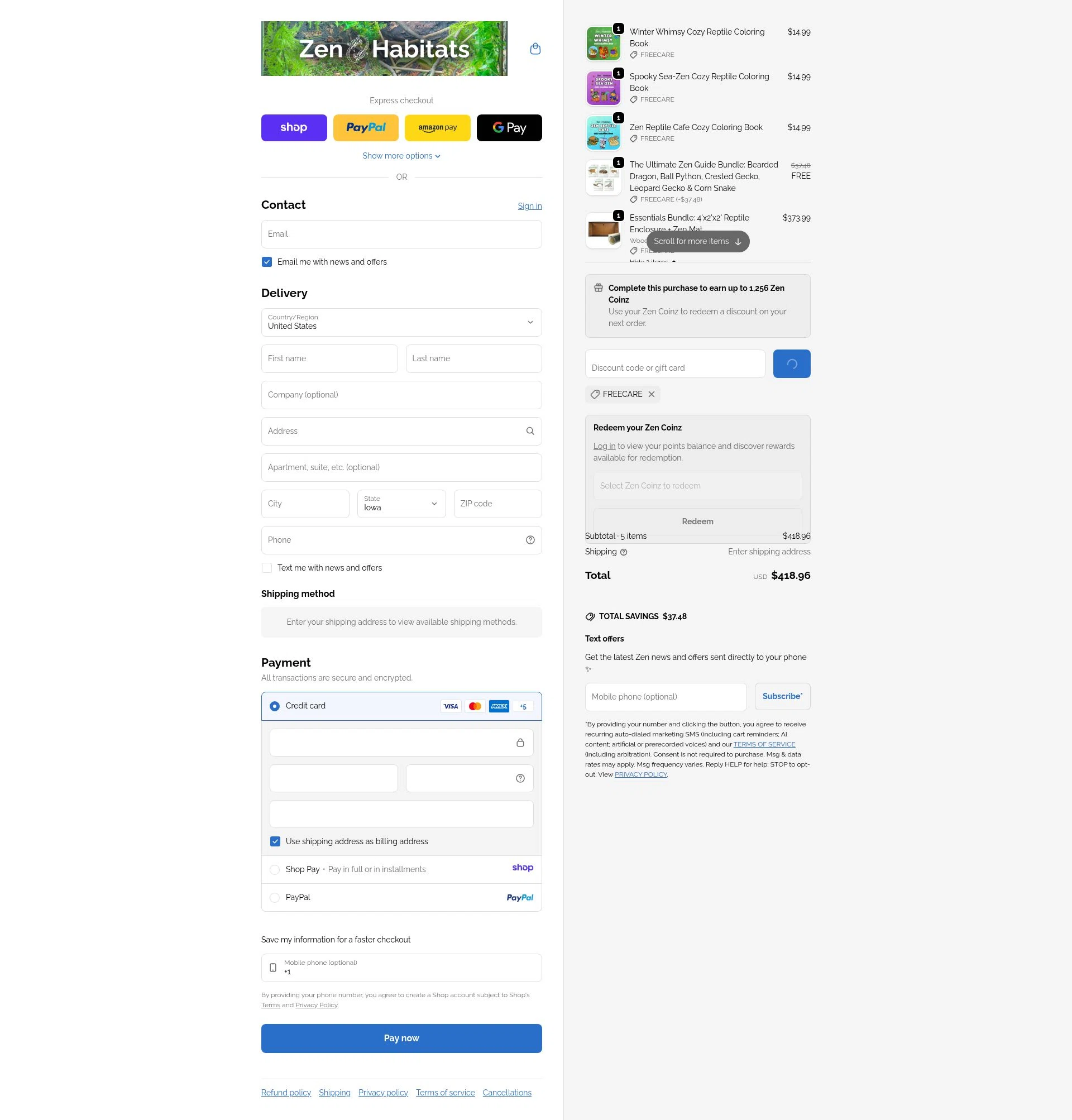 Zen Habitats checkout page showing Zen Habitats discount code box | Screenshot taken by SimplyCodes community member on Jan 11, 2026