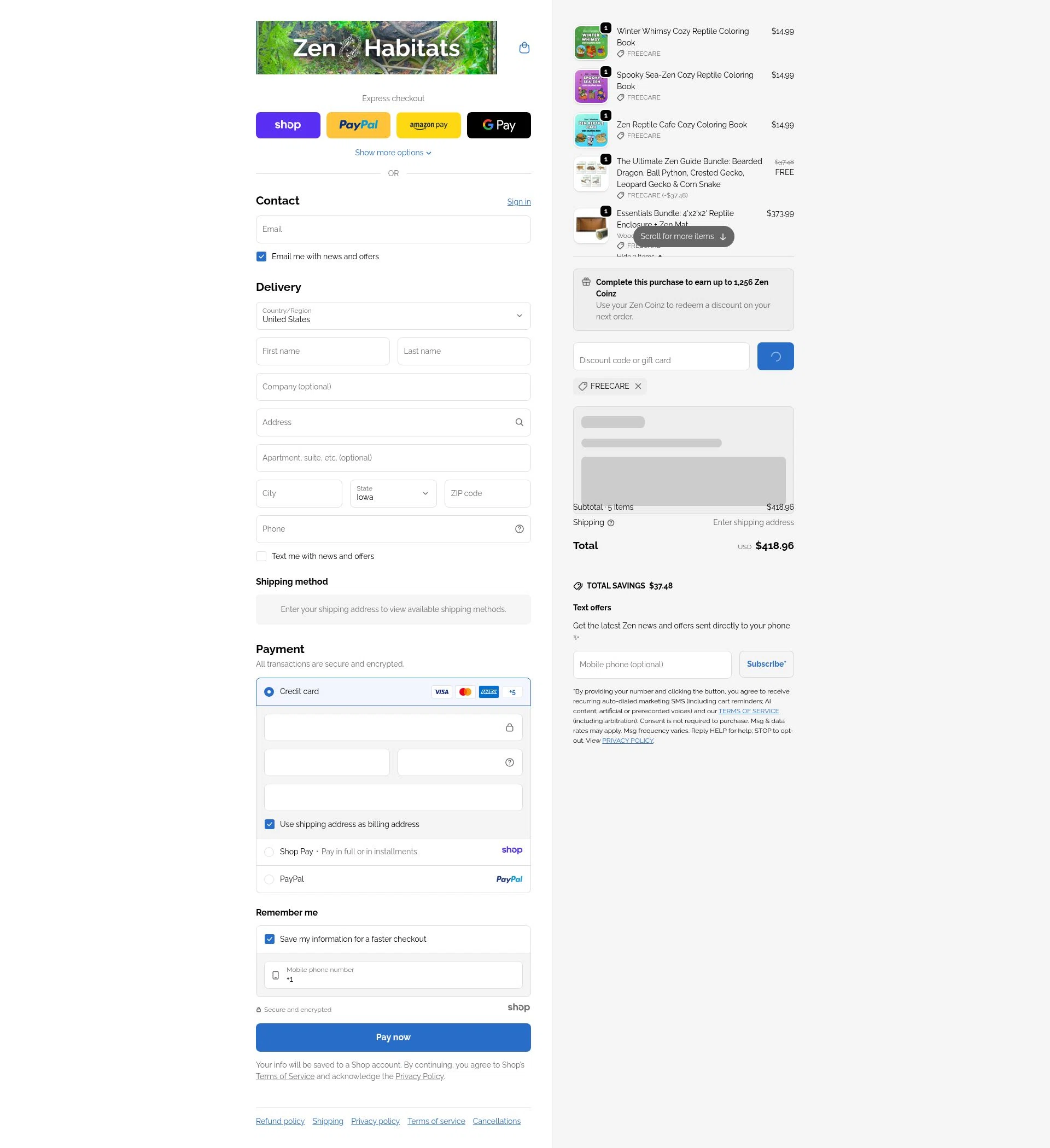 Zen Habitats checkout page showing Zen Habitats discount code box | Screenshot taken by SimplyCodes community member on Jan 1, 2026