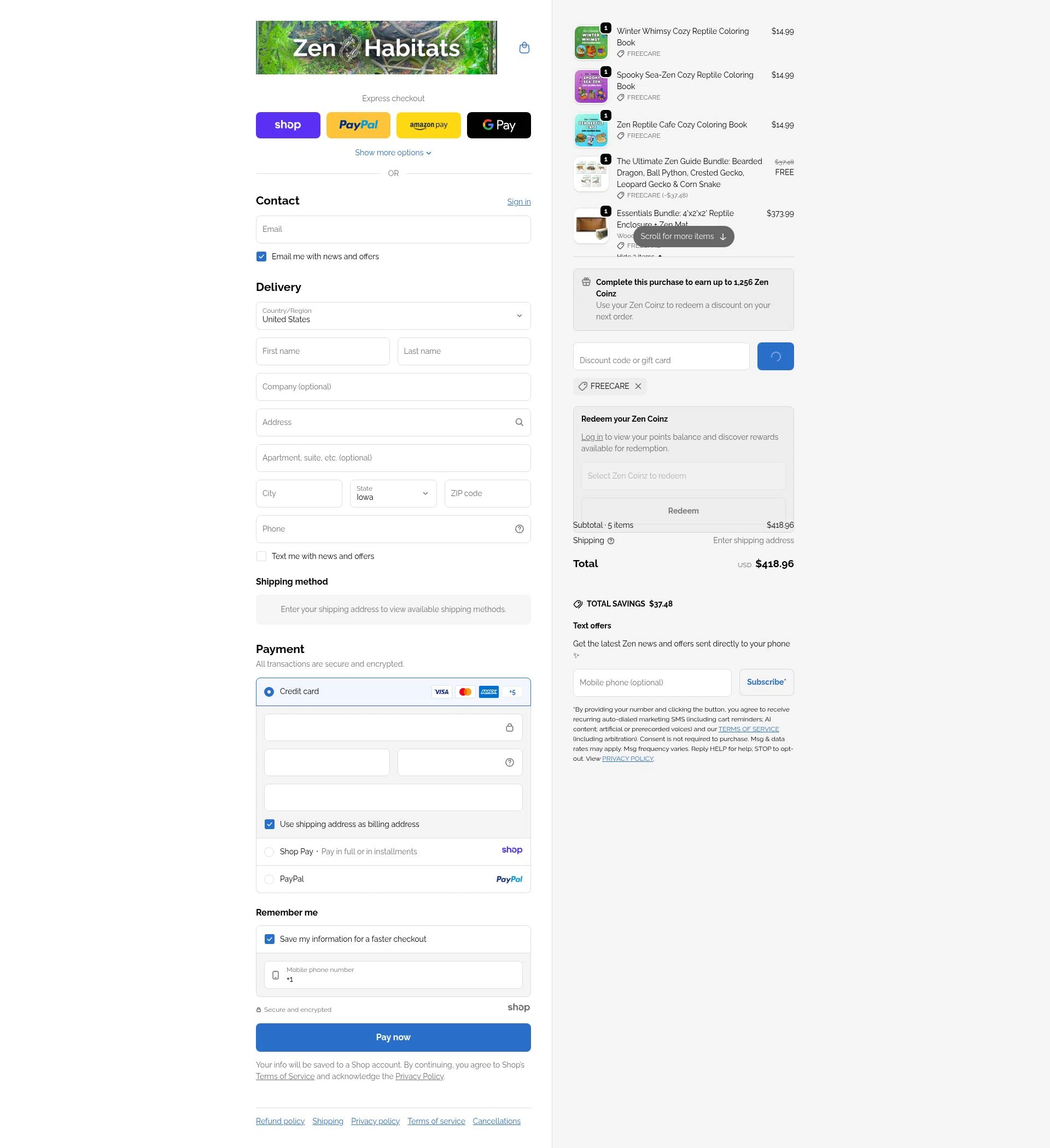 Zen Habitats checkout page showing Zen Habitats discount code box | Screenshot taken by SimplyCodes community member on Jan 6, 2026