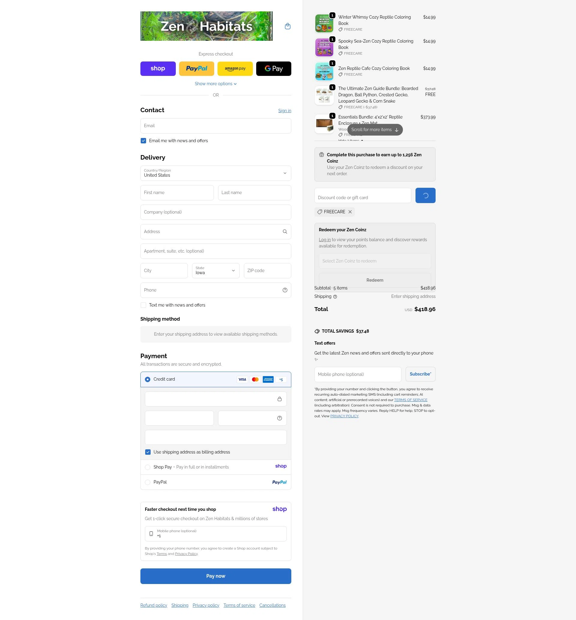 Zen Habitats checkout page showing Zen Habitats discount code box | Screenshot taken by SimplyCodes community member on Jan 16, 2026